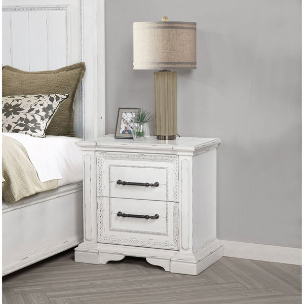English Elm Vintage White Distressed Nightstand with Carved Detail Dual Usb and Bronze Pulls B062P522007