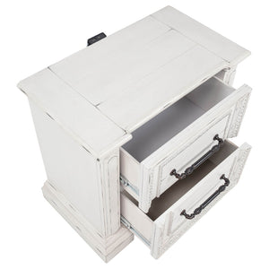 English Elm Vintage White Distressed Nightstand with Carved Detail Dual Usb and Bronze Pulls B062P522007