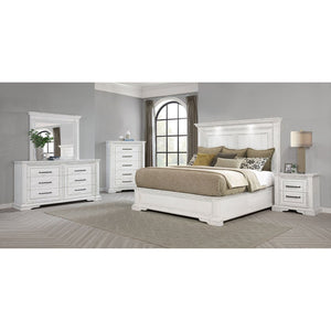 English Elm Vintage White Distressed Nightstand with Carved Detail Dual Usb and Bronze Pulls B062P522007