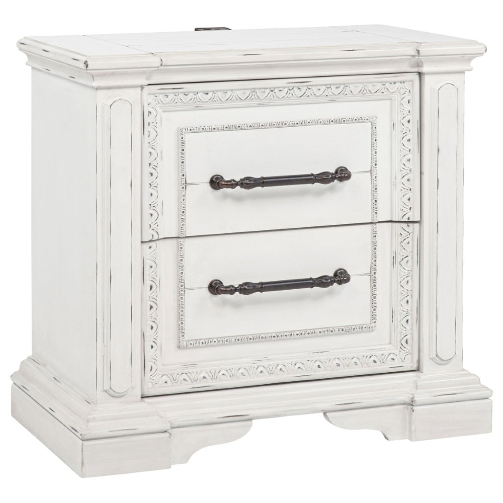 English Elm Vintage White Distressed Nightstand with Carved Detail Dual Usb and Bronze Pulls B062P522007