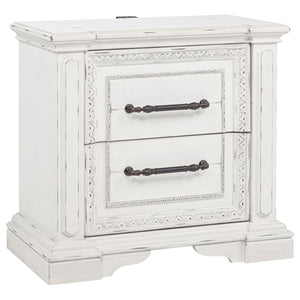 English Elm Vintage White Distressed Nightstand with Carved Detail Dual Usb and Bronze Pulls B062P522007