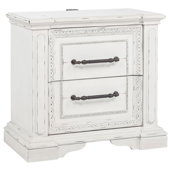 English Elm Vintage White Distressed Nightstand with Carved Detail Dual Usb and Bronze Pulls B062P522007