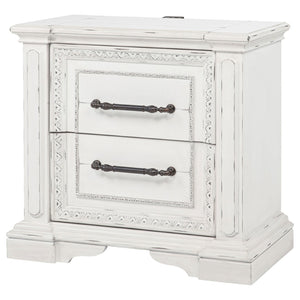 English Elm Vintage White Distressed Nightstand with Carved Detail Dual Usb and Bronze Pulls B062P522007