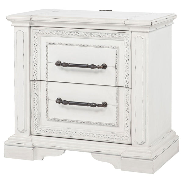 English Elm Vintage White Distressed Nightstand with Carved Detail Dual Usb and Bronze Pulls B062P522007