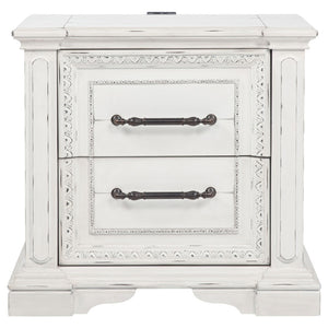 English Elm Vintage White Distressed Nightstand with Carved Detail Dual Usb and Bronze Pulls B062P522007