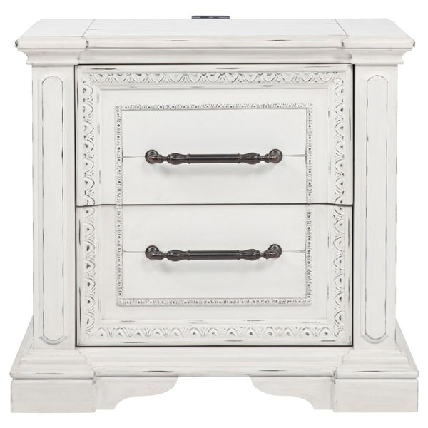 English Elm Vintage White Distressed Nightstand with Carved Detail Dual Usb and Bronze Pulls B062P522007