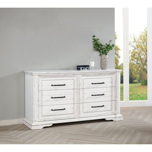 English Elm Vintage White Six Drawer Dresser with Carved Molding and Antique Bronze Pulls B062P522008