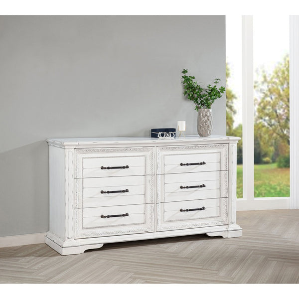 English Elm Vintage White Six Drawer Dresser with Carved Molding and Antique Bronze Pulls B062P522008