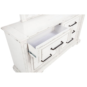 English Elm Vintage White Six Drawer Dresser with Carved Molding and Antique Bronze Pulls B062P522008