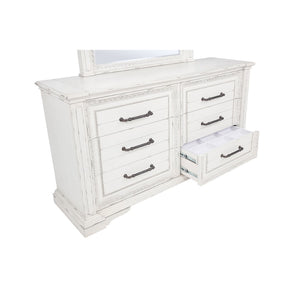 English Elm Vintage White Six Drawer Dresser with Carved Molding and Antique Bronze Pulls B062P522008