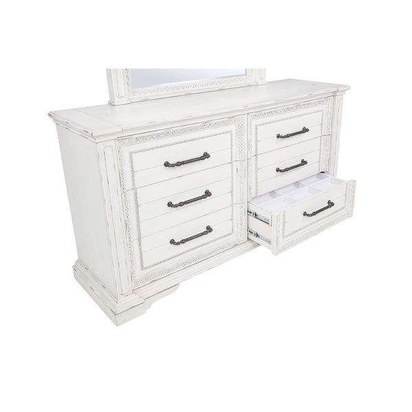 English Elm Vintage White Six Drawer Dresser with Carved Molding and Antique Bronze Pulls B062P522008