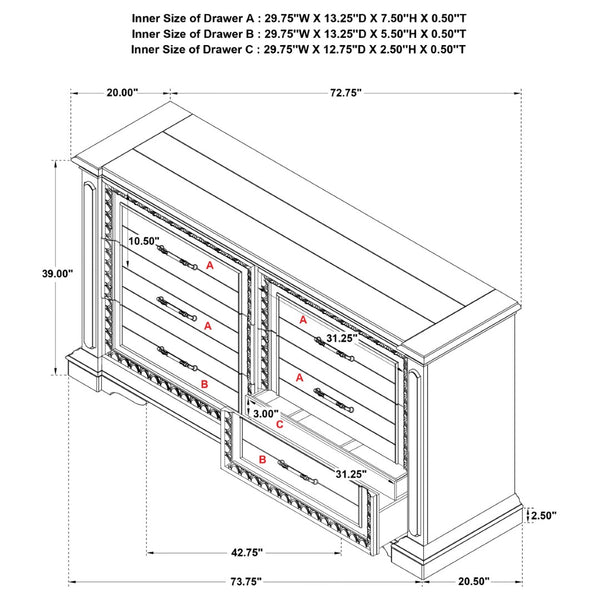 English Elm Vintage White Six Drawer Dresser with Carved Molding and Antique Bronze Pulls B062P522008