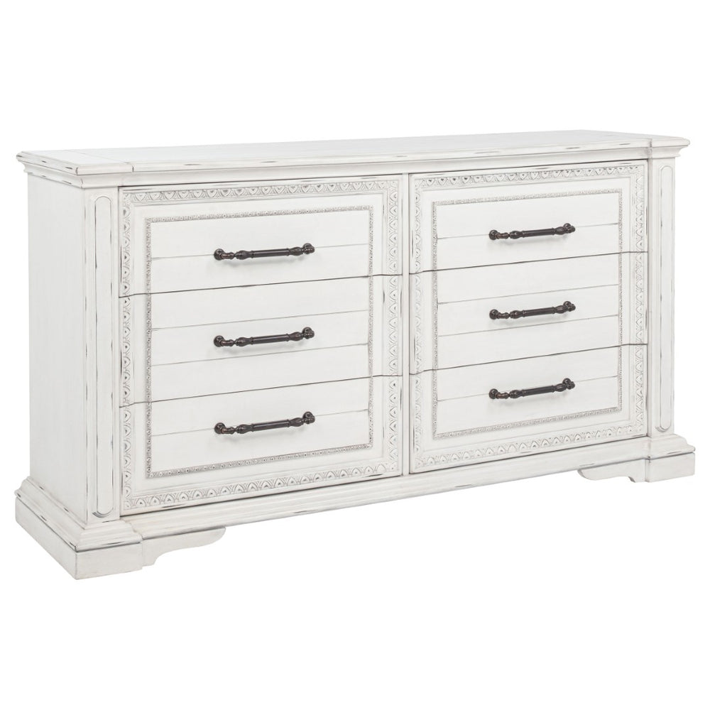 English Elm Vintage White Six Drawer Dresser with Carved Molding and Antique Bronze Pulls B062P522008