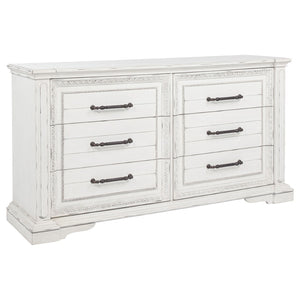English Elm Vintage White Six Drawer Dresser with Carved Molding and Antique Bronze Pulls B062P522008