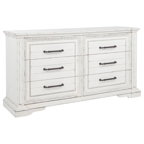 English Elm Vintage White Six Drawer Dresser with Carved Molding and Antique Bronze Pulls B062P522008