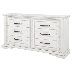 English Elm Vintage White Six Drawer Dresser with Carved Molding and Antique Bronze Pulls B062P522008