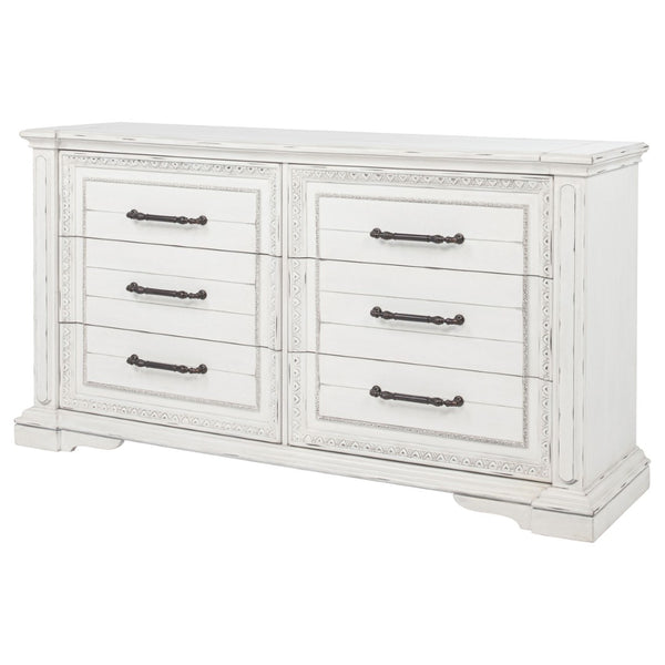 English Elm Vintage White Six Drawer Dresser with Carved Molding and Antique Bronze Pulls B062P522008