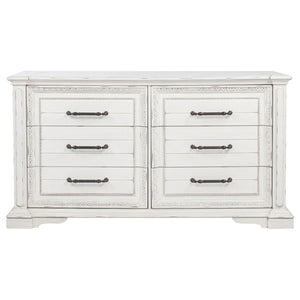 English Elm Vintage White Six Drawer Dresser with Carved Molding and Antique Bronze Pulls B062P522008