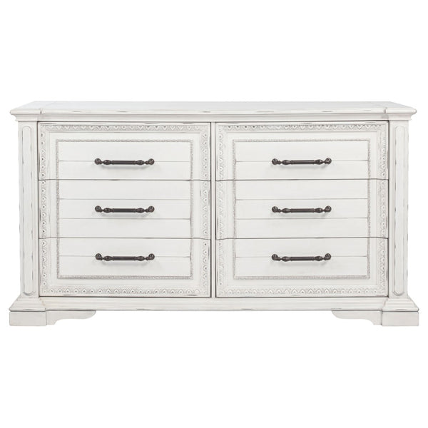 English Elm Vintage White Six Drawer Dresser with Carved Molding and Antique Bronze Pulls B062P522008