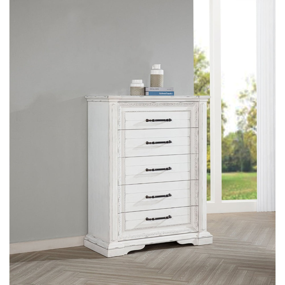 English Elm Vintage White Five Drawer Chest with Bronze Ring Pulls and Antique Inspired Molding B062P522009