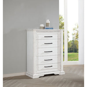English Elm Vintage White Five Drawer Chest with Bronze Ring Pulls and Antique Inspired Molding B062P522009