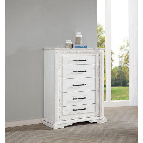 English Elm Vintage White Five Drawer Chest with Bronze Ring Pulls and Antique Inspired Molding B062P522009