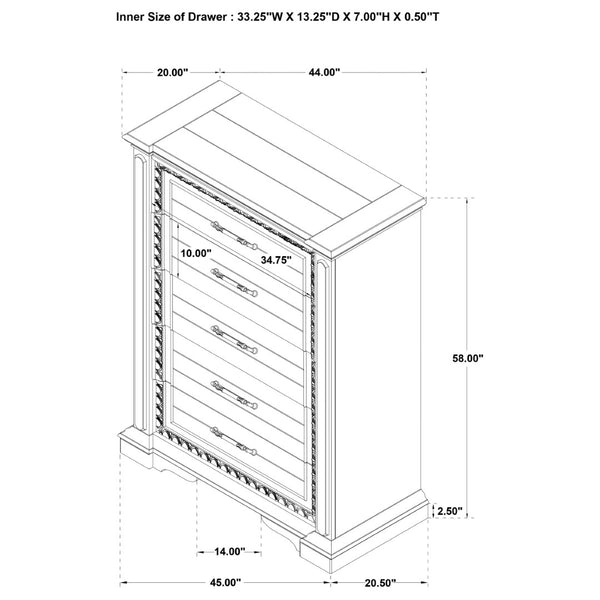 English Elm Vintage White Five Drawer Chest with Bronze Ring Pulls and Antique Inspired Molding B062P522009