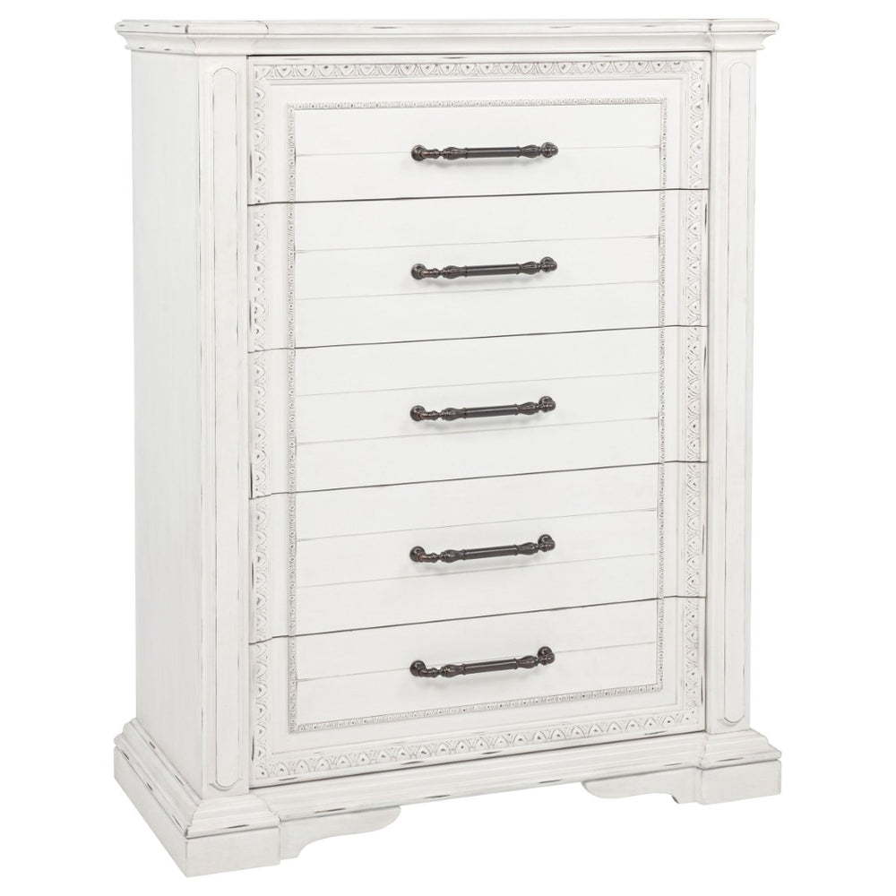 English Elm Vintage White Five Drawer Chest with Bronze Ring Pulls and Antique Inspired Molding B062P522009