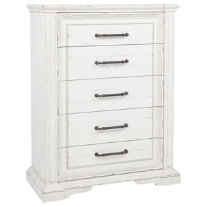 English Elm Vintage White Five Drawer Chest with Bronze Ring Pulls and Antique Inspired Molding B062P522009