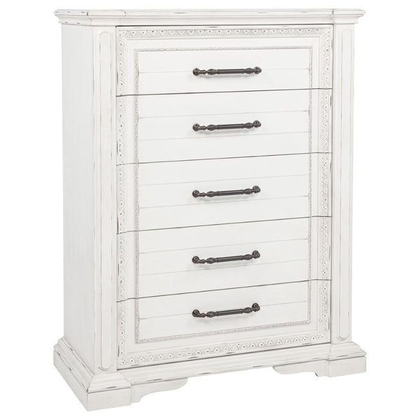 English Elm Vintage White Five Drawer Chest with Bronze Ring Pulls and Antique Inspired Molding B062P522009