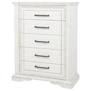 English Elm Vintage White Five Drawer Chest with Bronze Ring Pulls and Antique Inspired Molding B062P522009