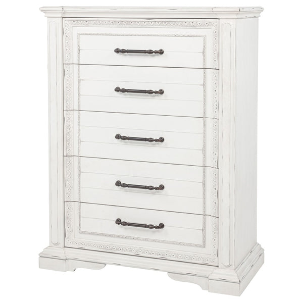 English Elm Vintage White Five Drawer Chest with Bronze Ring Pulls and Antique Inspired Molding B062P522009