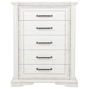 English Elm Vintage White Five Drawer Chest with Bronze Ring Pulls and Antique Inspired Molding B062P522009
