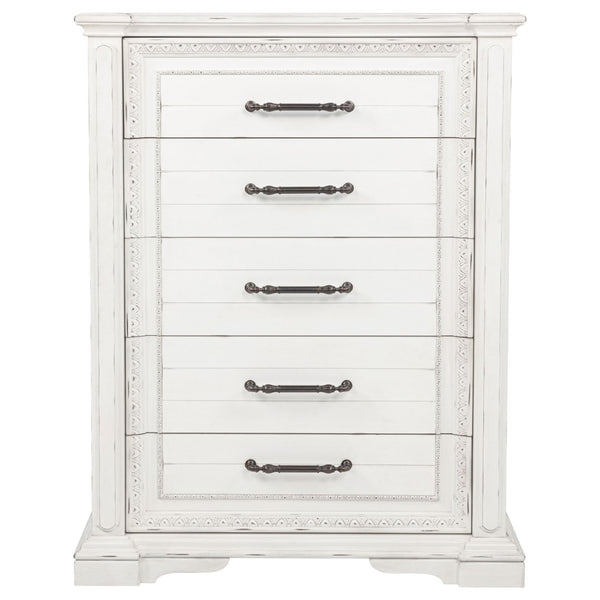 English Elm Vintage White Five Drawer Chest with Bronze Ring Pulls and Antique Inspired Molding B062P522009