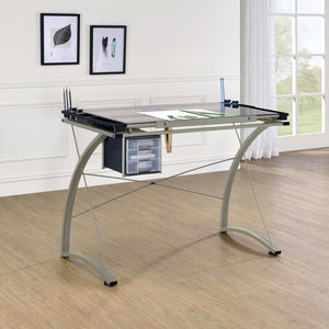 English Elm Silver Metal Drafting Desk with Tempered Glass Top and Built-in Supply Storage B062P522010