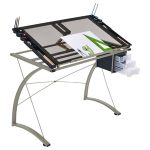 English Elm Silver Metal Drafting Desk with Tempered Glass Top and Built-in Supply Storage B062P522010