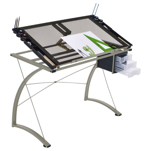 English Elm Silver Metal Drafting Desk with Tempered Glass Top and Built-in Supply Storage B062P522010
