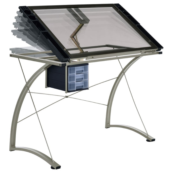 English Elm Silver Metal Drafting Desk with Tempered Glass Top and Built-in Supply Storage B062P522010