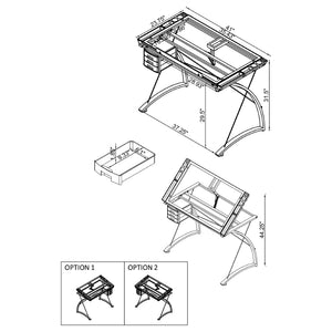 English Elm Silver Metal Drafting Desk with Tempered Glass Top and Built-in Supply Storage B062P522010