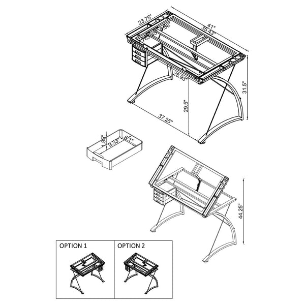 English Elm Silver Metal Drafting Desk with Tempered Glass Top and Built-in Supply Storage B062P522010