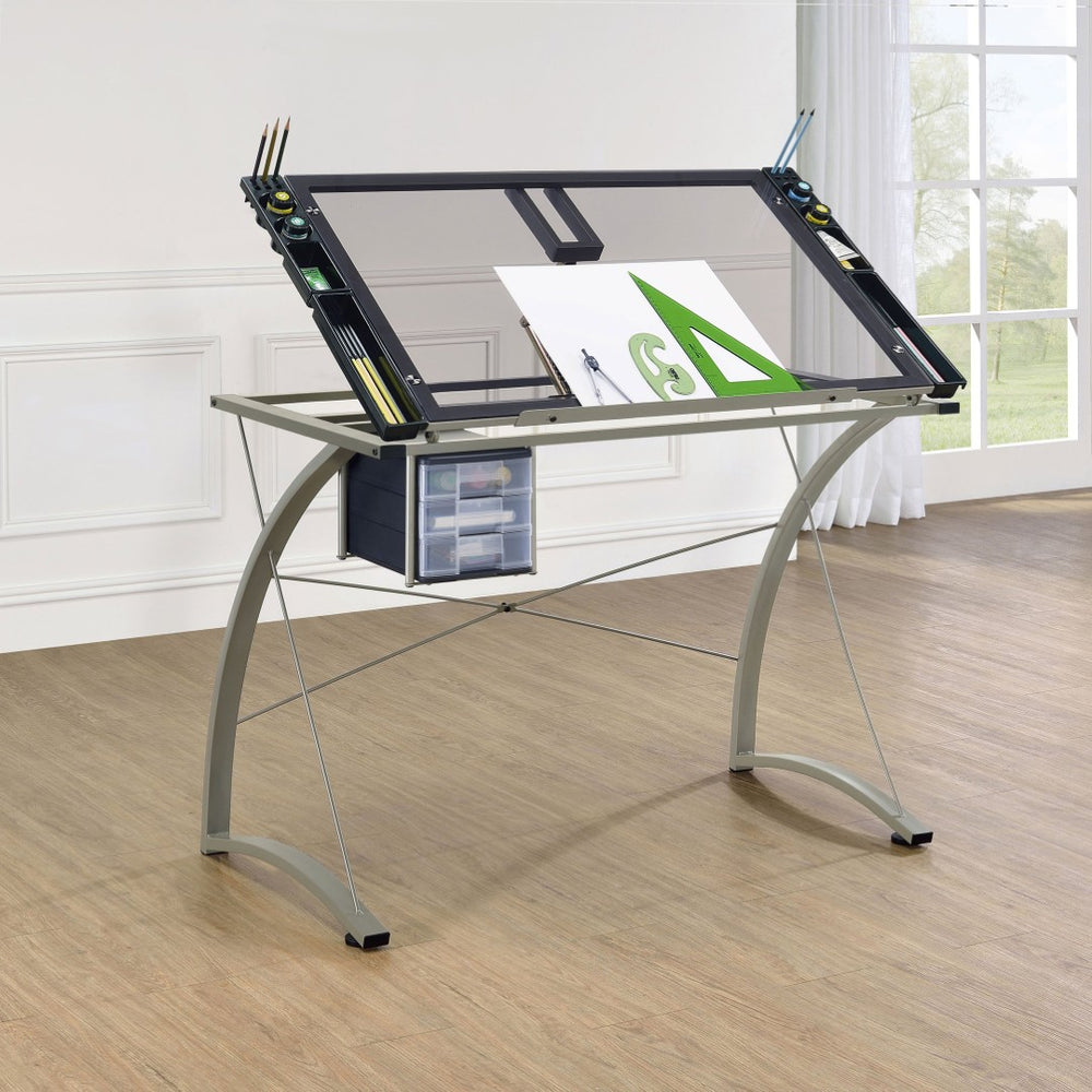English Elm Silver Metal Drafting Desk with Tempered Glass Top and Built-in Supply Storage B062P522010