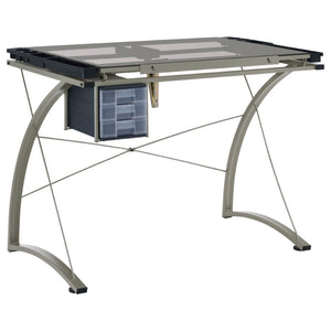 English Elm Silver Metal Drafting Desk with Tempered Glass Top and Built-in Supply Storage B062P522010
