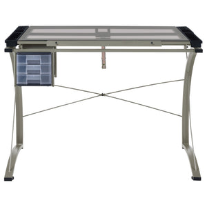 English Elm Silver Metal Drafting Desk with Tempered Glass Top and Built-in Supply Storage B062P522010