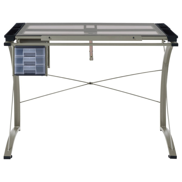 English Elm Silver Metal Drafting Desk with Tempered Glass Top and Built-in Supply Storage B062P522010