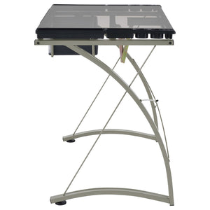 English Elm Silver Metal Drafting Desk with Tempered Glass Top and Built-in Supply Storage B062P522010