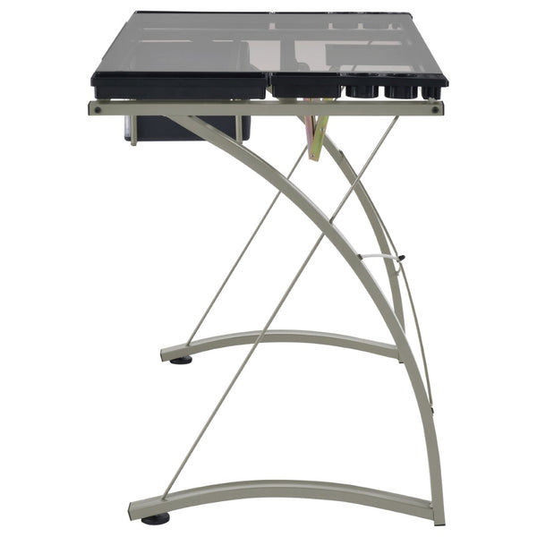 English Elm Silver Metal Drafting Desk with Tempered Glass Top and Built-in Supply Storage B062P522010