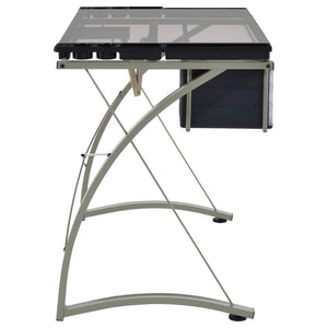 English Elm Silver Metal Drafting Desk with Tempered Glass Top and Built-in Supply Storage B062P522010