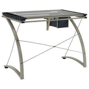 English Elm Silver Metal Drafting Desk with Tempered Glass Top and Built-in Supply Storage B062P522010