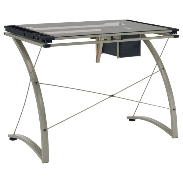 English Elm Silver Metal Drafting Desk with Tempered Glass Top and Built-in Supply Storage B062P522010