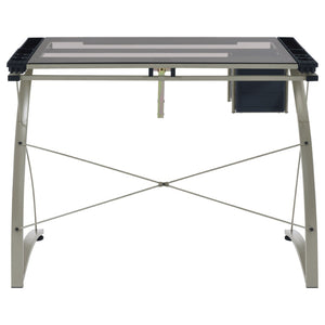 English Elm Silver Metal Drafting Desk with Tempered Glass Top and Built-in Supply Storage B062P522010